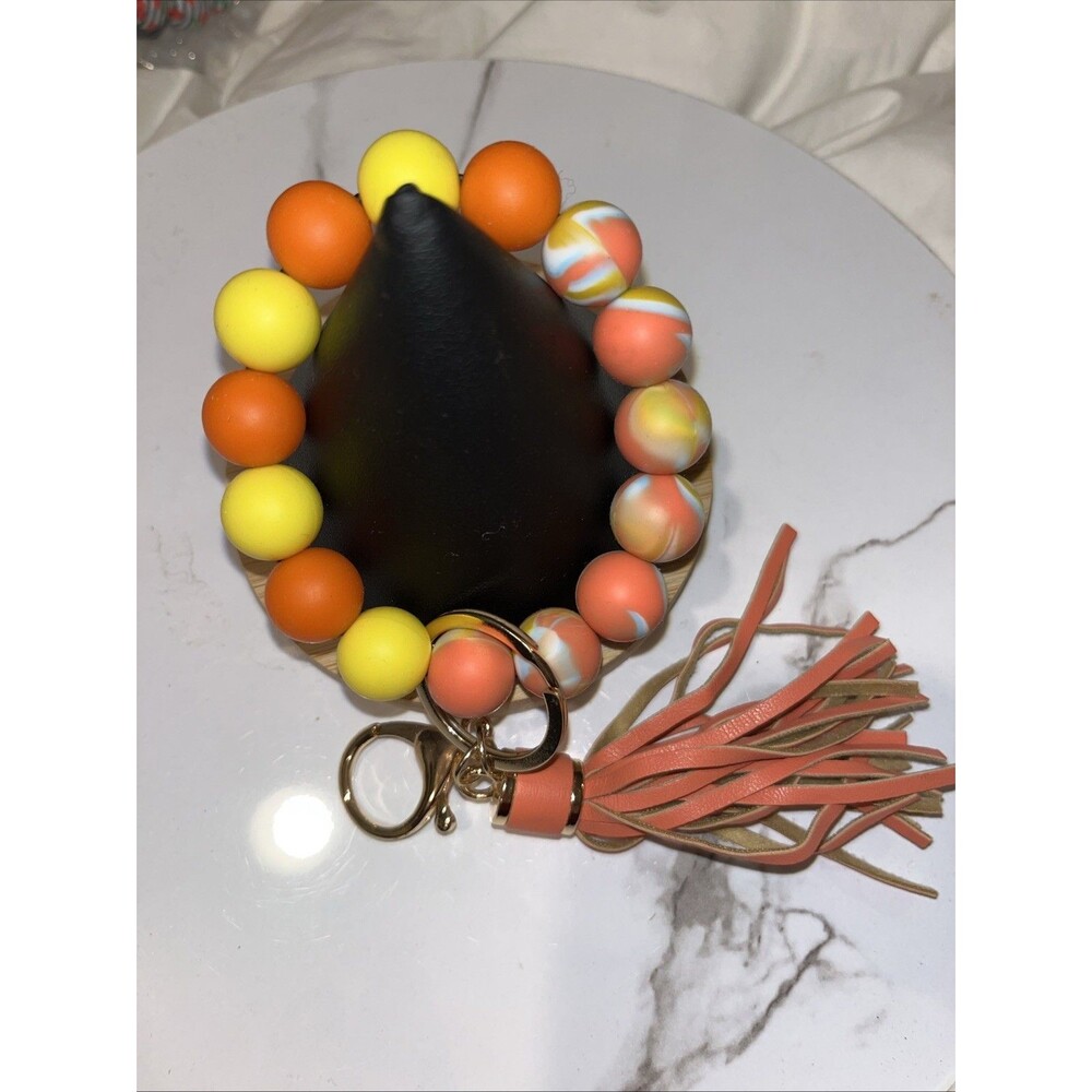 Silicone Beaded Wristlet Keychain Bracelet Tassel Key Ring Holder